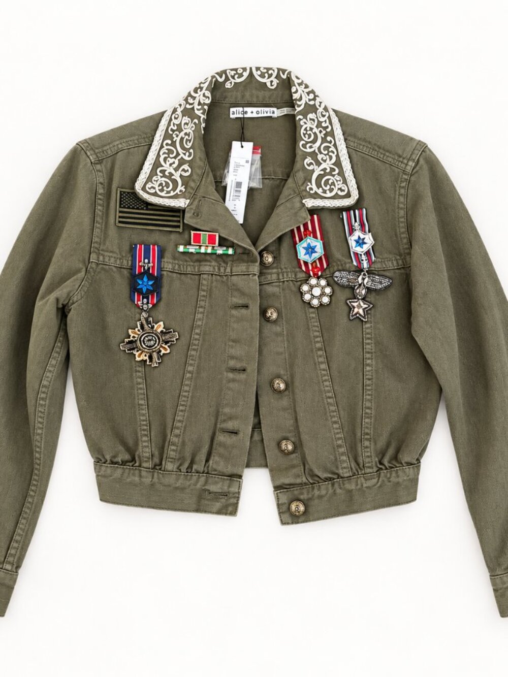 alice + olivia Army Green Embellished Cropped Military Jacket NWT S